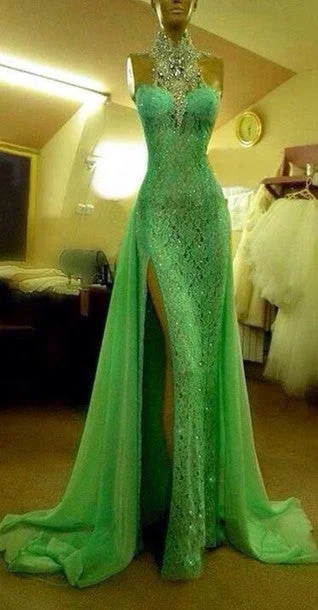 Every Deal is a Steal!Every Deal is a Steal!Custom Made Crystal Evening dresses Green High Neck Lace Prom Dresses With Slit Sexy Mermaid Crystal Beaded Prom Dresses cg20361 Every Deal is a Steal!Every Deal is a Steal!Custom Made Crystal Evening dresses Green High Neck Lace Prom Dresses With Slit Sexy Mermaid Crystal Beaded Prom Dresses cg20361