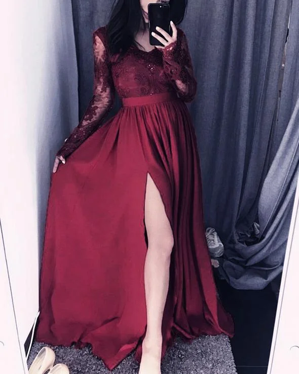 Your Chance to Save is Now!Your Chance to Save is Now!Elegant Lace Long Sleeves V Neck Split Satin Dress prom dresses cg20218 Your Chance to Save is Now!Your Chance to Save is Now!Elegant Lace Long Sleeves V Neck Split Satin Dress prom dresses cg20218