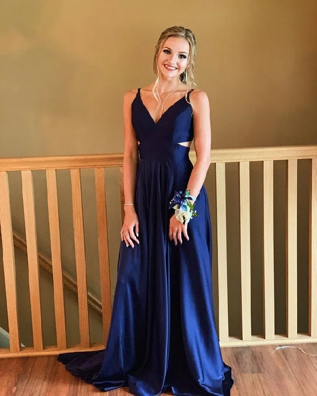 Get It Before It’s Gone!Get It Before It’s Gone!Elegant V Neck Navy Blue Long Prom Dress    cg20340