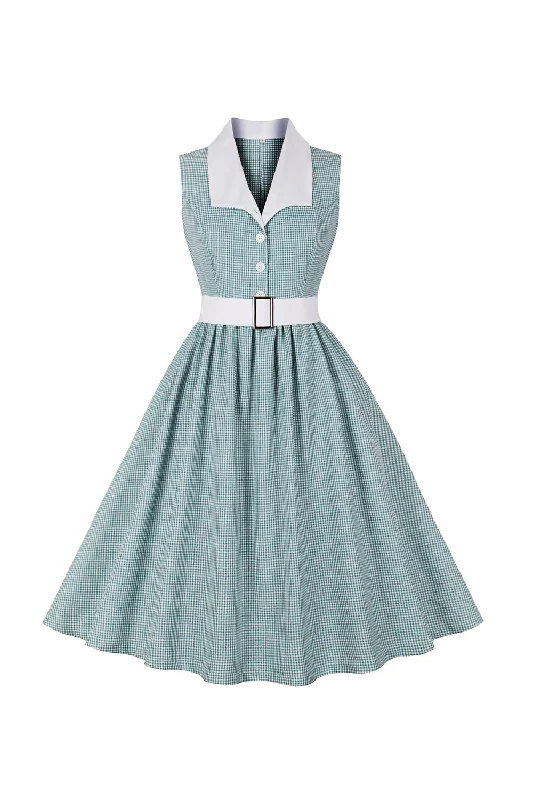 Limited Time Offer!Limited Time Offer!Green Plaid Swing 1950s Dress with Belt