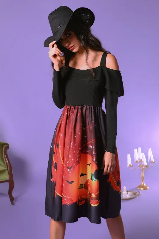 Your Favorite Sale is Back!Your Favorite Sale is Back!Halloween Pumpkin Printed Black Orange Cold Shoulder VIntage Dress Your Favorite Sale is Back!Your Favorite Sale is Back!Halloween Pumpkin Printed Black Orange Cold Shoulder VIntage Dress
