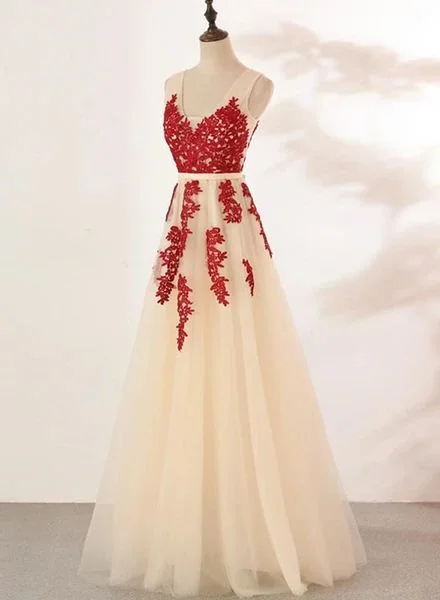 More Discounts, More Joy!More Discounts, More Joy!Ivory Tulle With Red Lace Applique V-Neckline Prom Dress cg20363 More Discounts, More Joy!More Discounts, More Joy!Ivory Tulle With Red Lace Applique V-Neckline Prom Dress cg20363