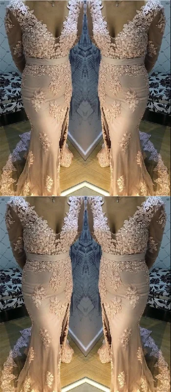 Your Exclusive Offer Awaits!Your Exclusive Offer Awaits!Mermaid V Neck Split Prom Lace Long Sleeves Dresses    cg20382