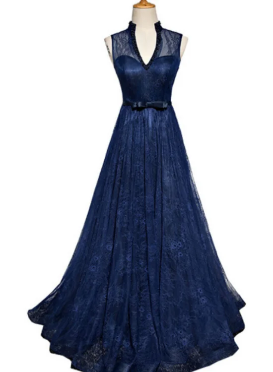 Stock Up and Save!Stock Up and Save!Navy Blue Lace V-Neckline Open Back Evening Gown, Blue Floor Length Party Dress Prom Dress cg20186 Stock Up and Save!Stock Up and Save!Navy Blue Lace V-Neckline Open Back Evening Gown, Blue Floor Length Party Dress Prom Dress cg20186
