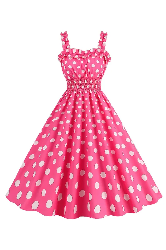 Save More Than Ever!Save More Than Ever!Pink Polka Dots A Line Smocked 1950s Dress
