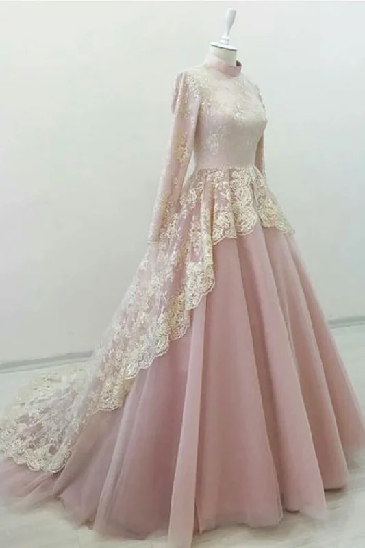 Amazing Prices You Can’t Resist!Amazing Prices You Can’t Resist!Pink tulle high neck court train evening dress prom gown with long sleeves cg20370 Amazing Prices You Can’t Resist!Amazing Prices You Can’t Resist!Pink tulle high neck court train evening dress prom gown with long sleeves cg20370