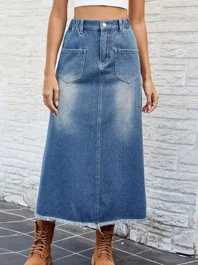 Limited Time Offer!Limited Time Offer!Raw Hem Buttoned Denim Skirt with Pockets