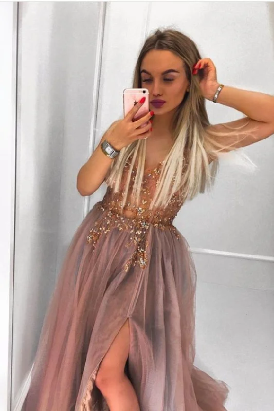Save Like Never Before!Save Like Never Before!Rose Gold Tulle Crystals Long Prom Dress with Side Slit cg20372 Save Like Never Before!Save Like Never Before!Rose Gold Tulle Crystals Long Prom Dress with Side Slit cg20372
