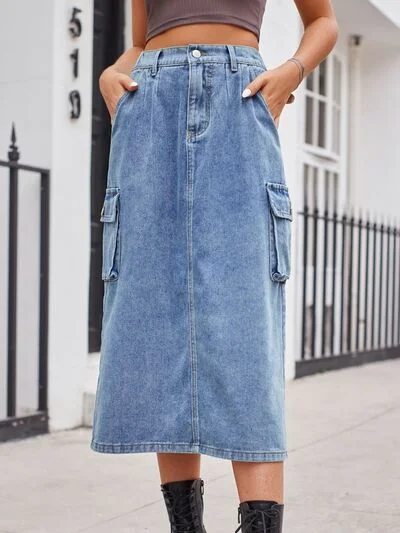 Shop Early, Save Big!Shop Early, Save Big!Slit Buttoned Denim Skirt with Pockets