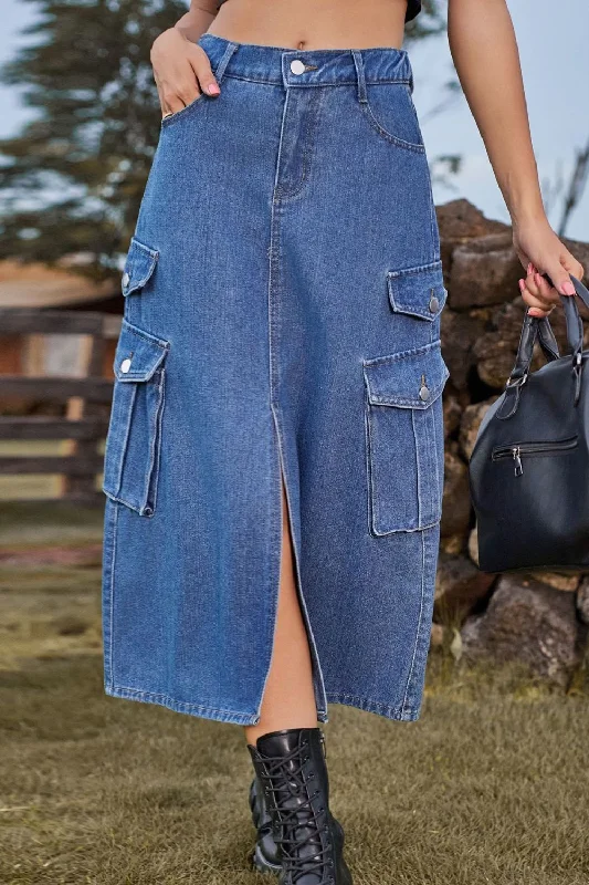 Hurry, Sale Ends Soon!Hurry, Sale Ends Soon!Slit Front Midi Denim Skirt with Pockets Hurry, Sale Ends Soon!Hurry, Sale Ends Soon!Slit Front Midi Denim Skirt with Pockets