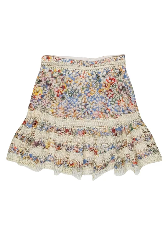 One Click Away from Big Savings!One Click Away from Big Savings!Zimmerman - Cream Multicolor Floral Print Eyelet & Lace Fit & Flare Skirt Sz 2