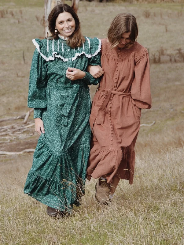 Stock Up and Save!Stock Up and Save!100% RECYCLED COTTON CORDUROY - CLOTHILDE DRESS FOREST GREEN FLORAL Stock Up and Save!Stock Up and Save!100% RECYCLED COTTON CORDUROY - CLOTHILDE DRESS FOREST GREEN FLORAL