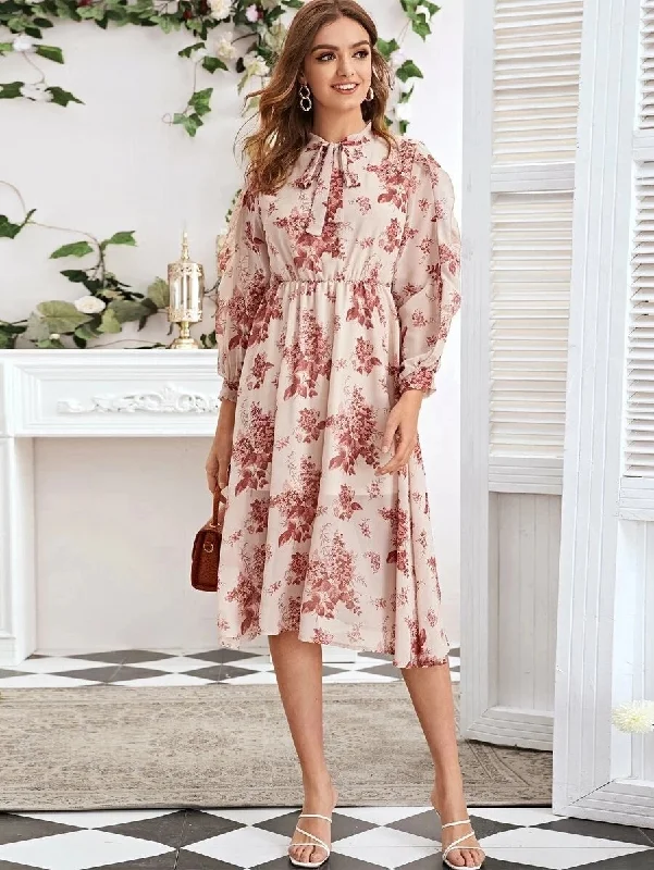 Get More for Less!Get More for Less!KittenAlarm - Floral Print Neck Tie Elastic Waist Lantern Sleeve Dress Get More for Less!Get More for Less!KittenAlarm - Floral Print Neck Tie Elastic Waist Lantern Sleeve Dress