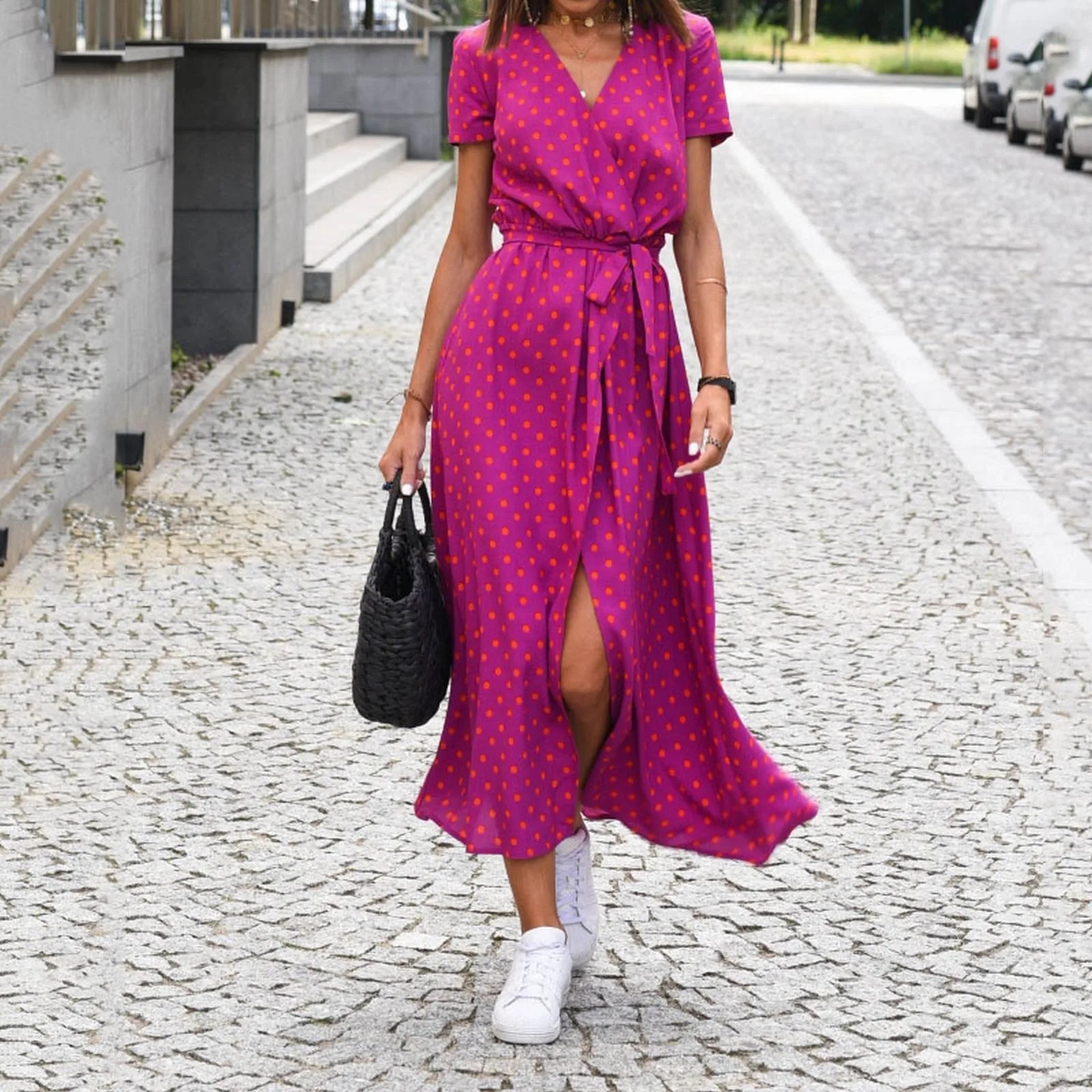 Unmissable Offers Await!Unmissable Offers Await!V Neck Ladies Vacation Polka Dot Printed Tie Waist Short Sleeved Slit Robe Boho Dress Unmissable Offers Await!Unmissable Offers Await!V Neck Ladies Vacation Polka Dot Printed Tie Waist Short Sleeved Slit Robe Boho Dress