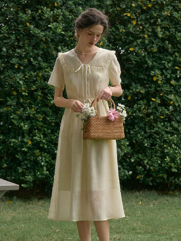 Save More with Every Purchase!Save More with Every Purchase!Raya Bow Floral Embroidered Ruffle Lapel Lace Rose Jacquard Dress Save More with Every Purchase!Save More with Every Purchase!Raya Bow Floral Embroidered Ruffle Lapel Lace Rose Jacquard Dress