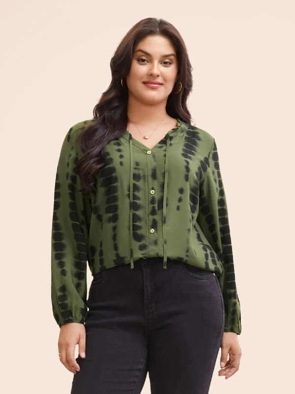 Save Up to 50% Off!Save Up to 50% Off!Asymmetrical Brush Print Tie Knot Ruffles Blouse