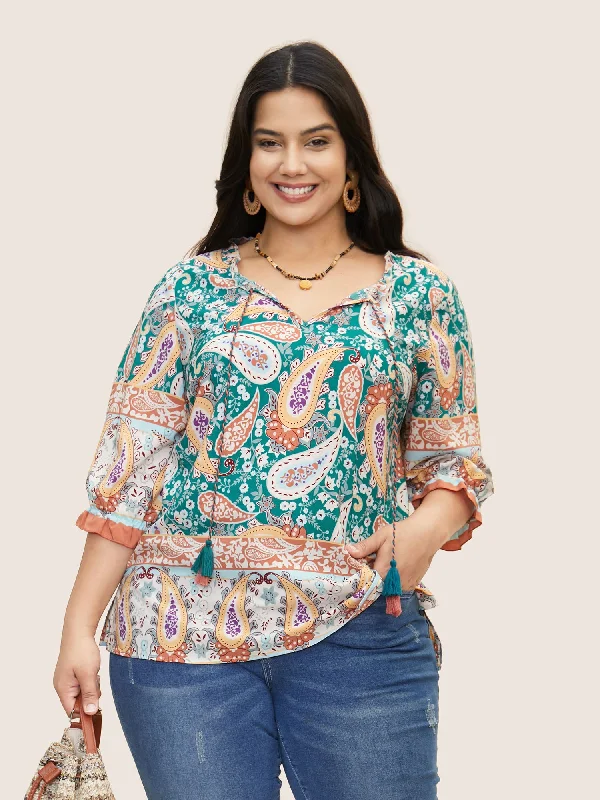 Your Favorite Sale is Back!Your Favorite Sale is Back!Boho Print Tassels Lantern Sleeve Blouse