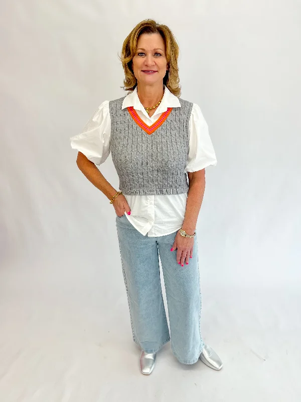 One Day Only – Huge Savings!One Day Only – Huge Savings![THML] Charming Chic Poplin Sleeve Knit Top