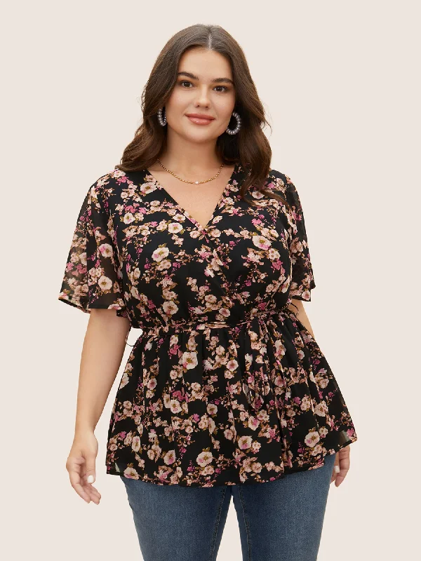 Limited Deals, Unlimited Savings!Limited Deals, Unlimited Savings!Chiffon Floral Overlap Collar Elastic Waist Blouse Limited Deals, Unlimited Savings!Limited Deals, Unlimited Savings!Chiffon Floral Overlap Collar Elastic Waist Blouse