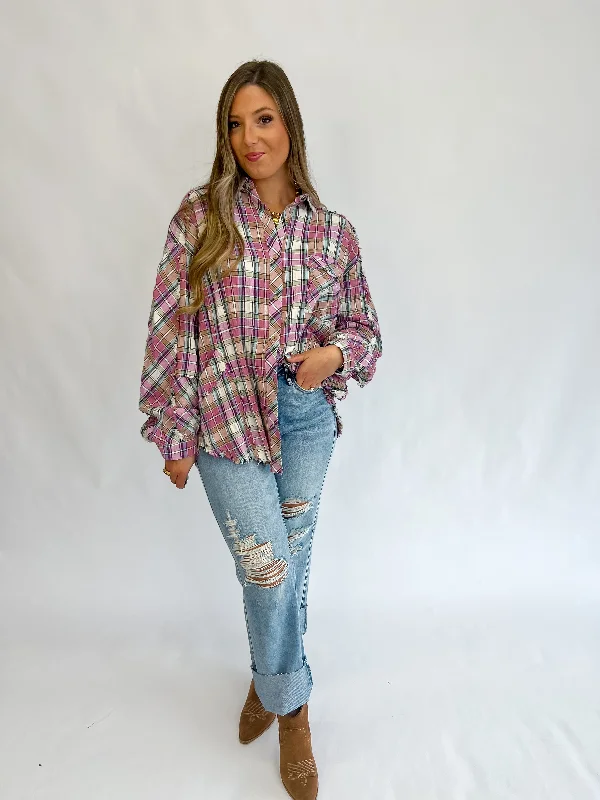Instant Savings Await!Instant Savings Await!Crushing It Crinkled Plaid Button Up-Pink