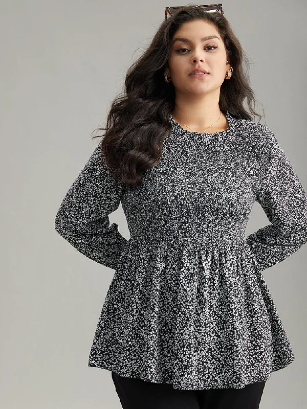 Must-Have Deals Inside!Must-Have Deals Inside!Ditsy Floral Stand Collar Shirred Frill Trim Blouse