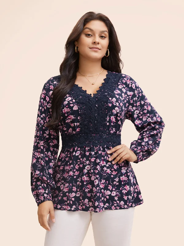 Everything Must Go!Everything Must Go!Floral Lace Panel Shirred Lantern Sleeve Blouse