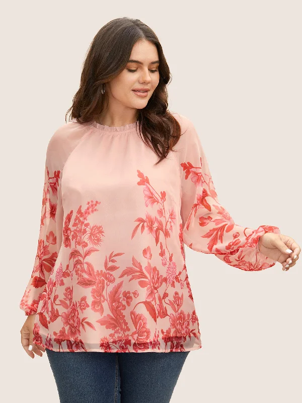 Your Discount is Waiting!Your Discount is Waiting!Floral Mock Neck Mesh Lantern Sleeve Blouse