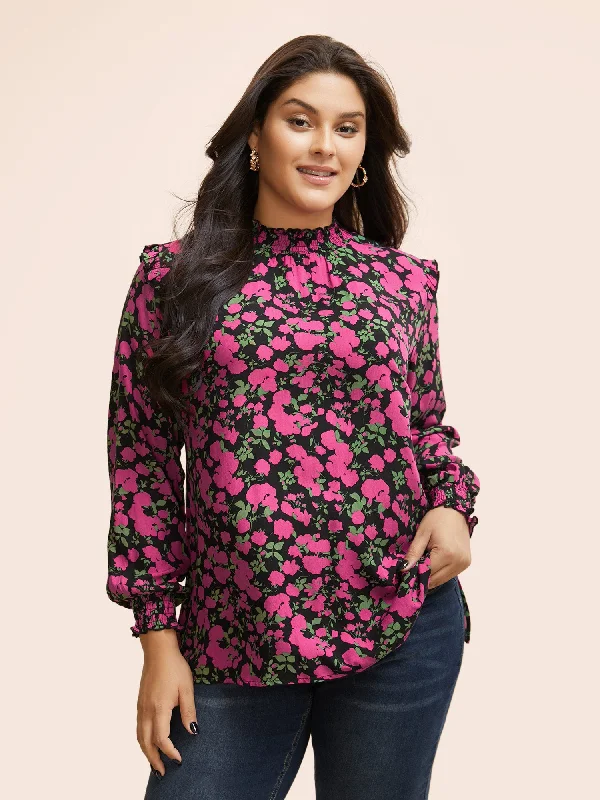 Steals and Deals Await!Steals and Deals Await!Floral Wrap Collar Ruffle Trim Blouse