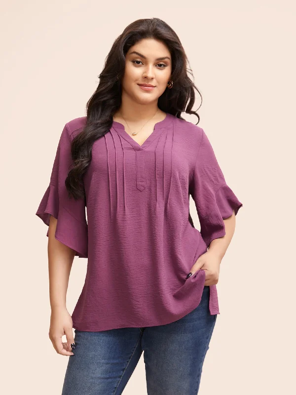 Buy One, Get One Free!Buy One, Get One Free!Notched Pleated Ruffles Split Hem Blouse