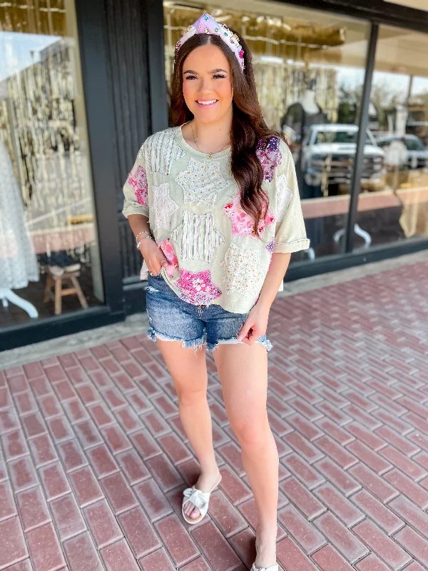 Save More Than Ever!Save More Than Ever![Oli & Hali] Washed Print Patch Work Tee-Sage