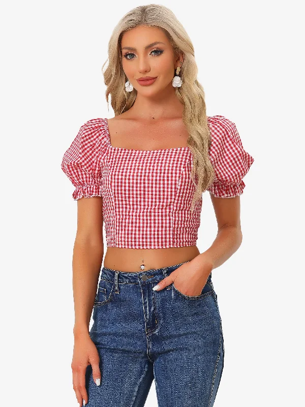 Huge Savings – Act Now!Huge Savings – Act Now!Gingham Bubble Sleeve Smocked Cropped Casual Blouse Huge Savings – Act Now!Huge Savings – Act Now!Gingham Bubble Sleeve Smocked Cropped Casual Blouse