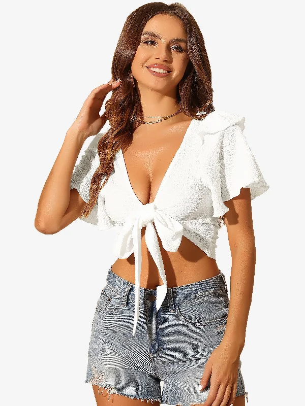 Get Ready to Save!Get Ready to Save!Lace-Up Back/Front Flared Short Sleeve Cropped Blouse Get Ready to Save!Get Ready to Save!Lace-Up Back/Front Flared Short Sleeve Cropped Blouse