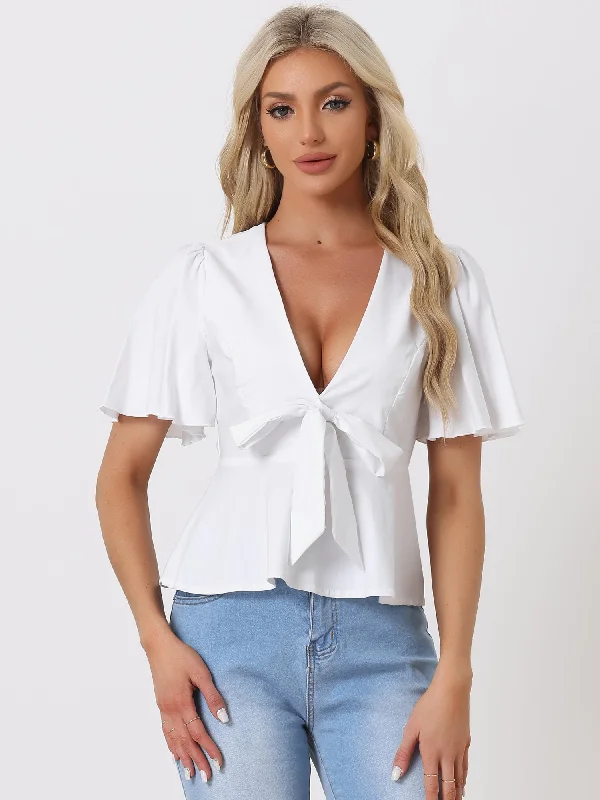 Best Deals Just for You!Best Deals Just for You!Ruffle Sleeve Bow Tie Decor Deep V Neck Sexy Peplum Blouse Top Best Deals Just for You!Best Deals Just for You!Ruffle Sleeve Bow Tie Decor Deep V Neck Sexy Peplum Blouse Top