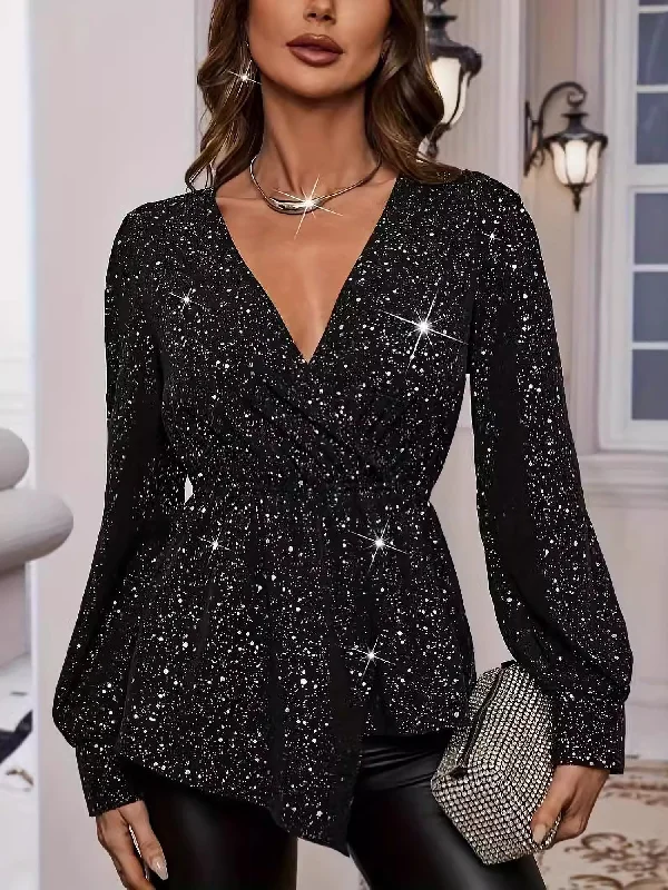 Time to Snag a Bargain!Time to Snag a Bargain!Glitter V Neck Long Sleeve Asymmetric Peplum Blouse