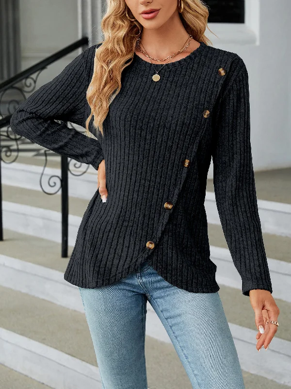 More Discounts, More Joy!More Discounts, More Joy!Solid Color Long Sleeves Round Neck Button Decor Blouse