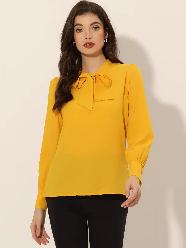 Upgrade for Less!Upgrade for Less!Bow Tie Neck Elegant Top Long Sleeve Solid Work Office Blouse