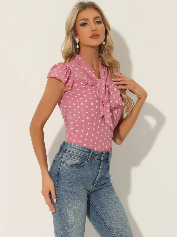 Crazy Discounts Inside!Crazy Discounts Inside!Summer Polka Dots Top Bow Tie V Neck Ruffled Cap Sleeve Office Blouse