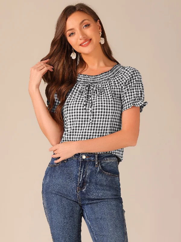 Must-Have Deals Inside!Must-Have Deals Inside!Peasant Round Neck Ruffles Puff Sleeve Gingham Plaid Blouse Must-Have Deals Inside!Must-Have Deals Inside!Peasant Round Neck Ruffles Puff Sleeve Gingham Plaid Blouse