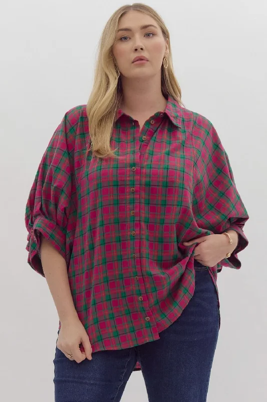 Seasonal Sale – Shop Now!Seasonal Sale – Shop Now![Entro] Plaid Wonderer Button Up Top Plus