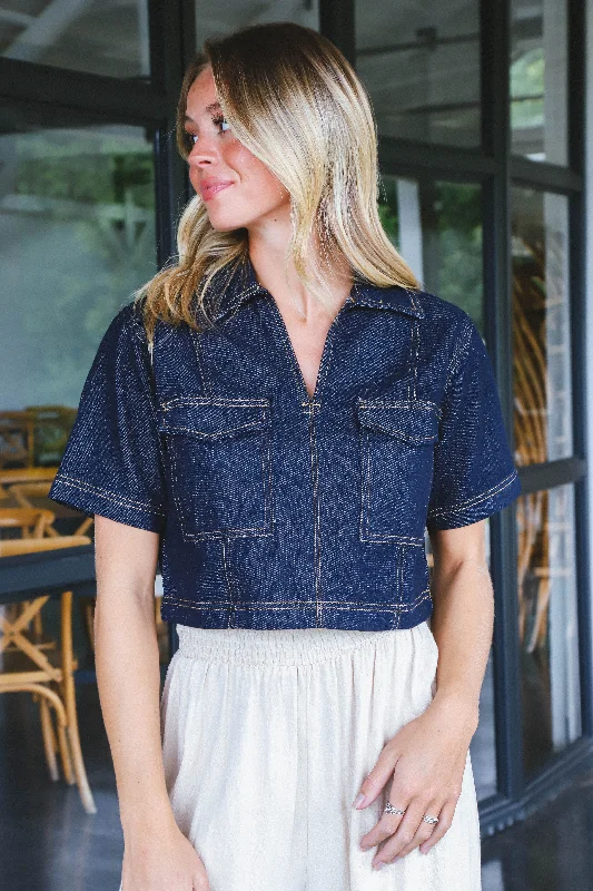 Upgrade for Less!Upgrade for Less!Shayla Collared Crop Top, Dark Denim