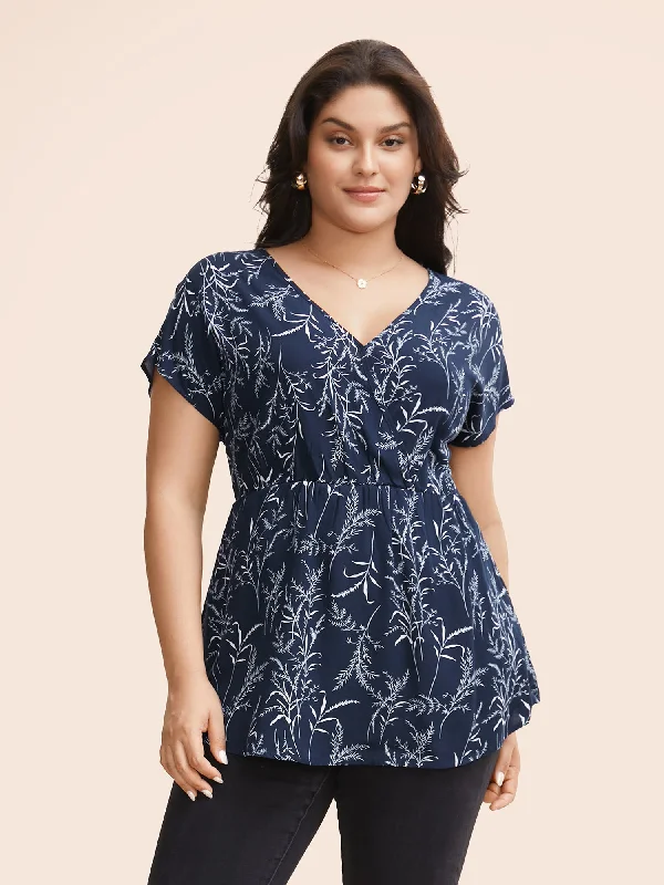 Hot Deals You Can’t Resist!Hot Deals You Can’t Resist!Silhouette Floral Print Overlap Collar Dolman Sleeve Blouse