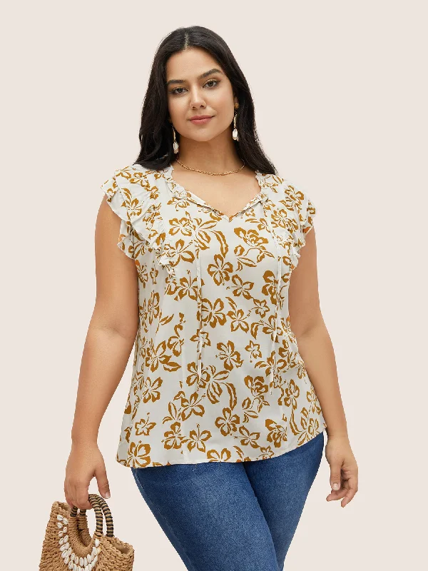 Time to Snag a Bargain!Time to Snag a Bargain!Silhouette Floral Print Tiered Ruffle Cap Sleeve Blouse