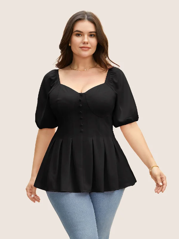 The Best Sale of the Year!The Best Sale of the Year!Solid Heart Neckline Pleated Button Detail Blouse