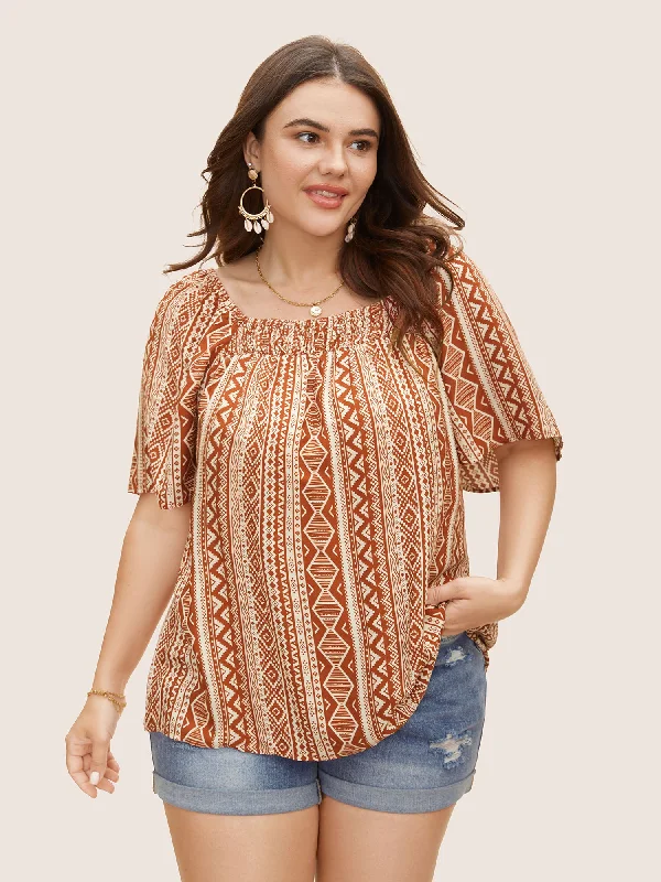 Time to Save Big!Time to Save Big!Square Neck Rayon Bandana Geometric Shirred Blouse