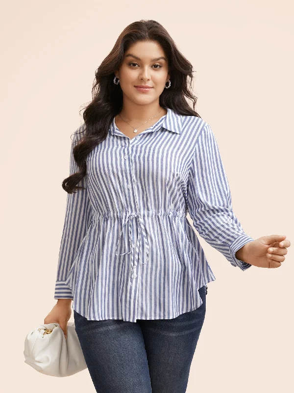Upgrade for Less!Upgrade for Less!Striped Shirt Collar Drawstring Blouse
