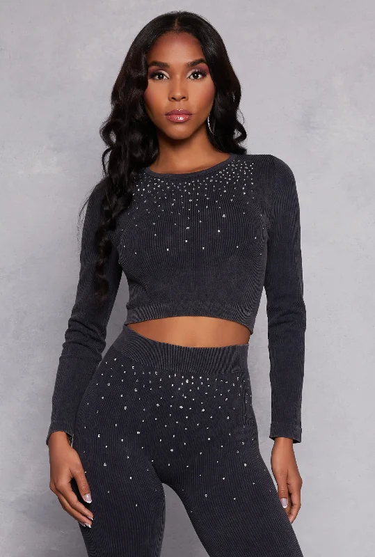 Only a Few Left – Order Now!Only a Few Left – Order Now!Seamless Rhinestone Ribbed Knit Crop Top