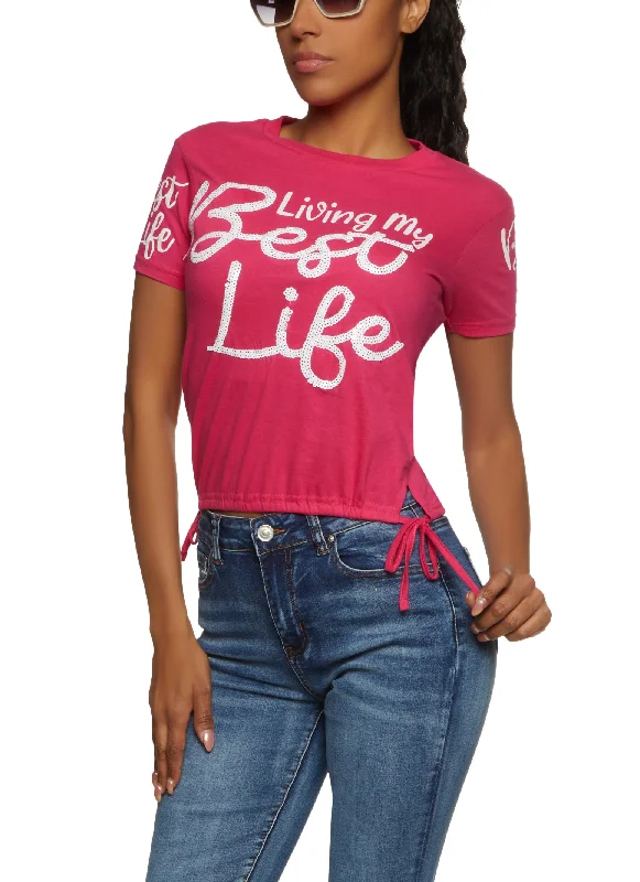 Must-Have Deals Inside!Must-Have Deals Inside!Living My Best Life Sequin Ruched Side Graphic Tee