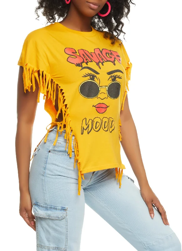 Crazy Discounts Inside!Crazy Discounts Inside!Savage Mood Graphic Fringe Side Tie Tee