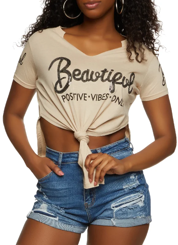 Your Favorite Items on Sale Now!Your Favorite Items on Sale Now!Sequin Beautiful Positive Vibes Only Knot Tee