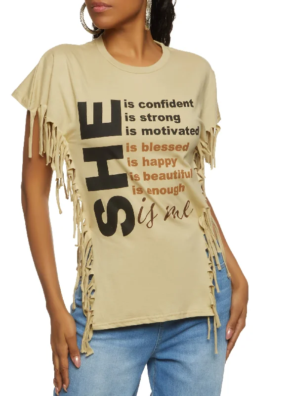 Your Discount is Waiting!Your Discount is Waiting!She Graphic Fringe Side Tie Tee